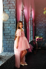 Elegant girls' tulle dress in pink for any special occasion. Light tulle skirt with an asymmetrical, high-low hemline, top with floral lace and beautiful feather sleeves. Handmade with love. Occasions: Wedding, Birthday party, Prom, Flower girl, Eid, Christmas, New Year's Eve, and other events.