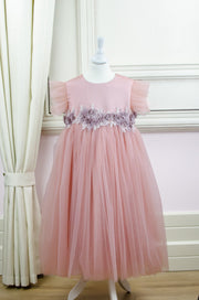 handmade, pink girl dress in empire silhouette with floral embroidery and a bow