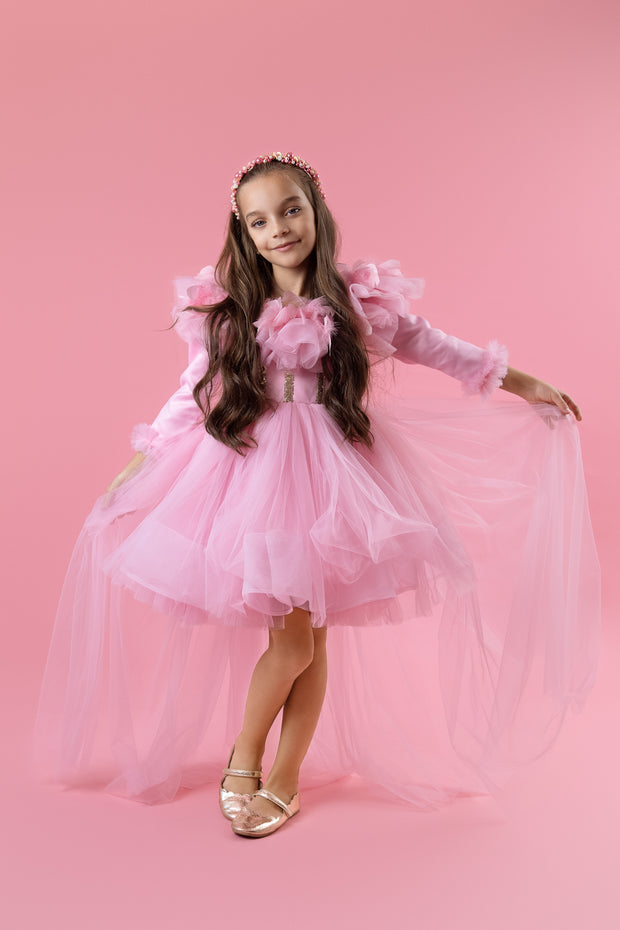 Bright pink high-low hemline girl dress for special occasions. Modern princess girl dress with a bright pink tutu skirt and long tulle train. Satin, long-sleeved top is embellished with gold sequins and feather details. Handmade with love. Occasions: Wedding, Birthday party, Prom, Flower girl, Eid and other events.