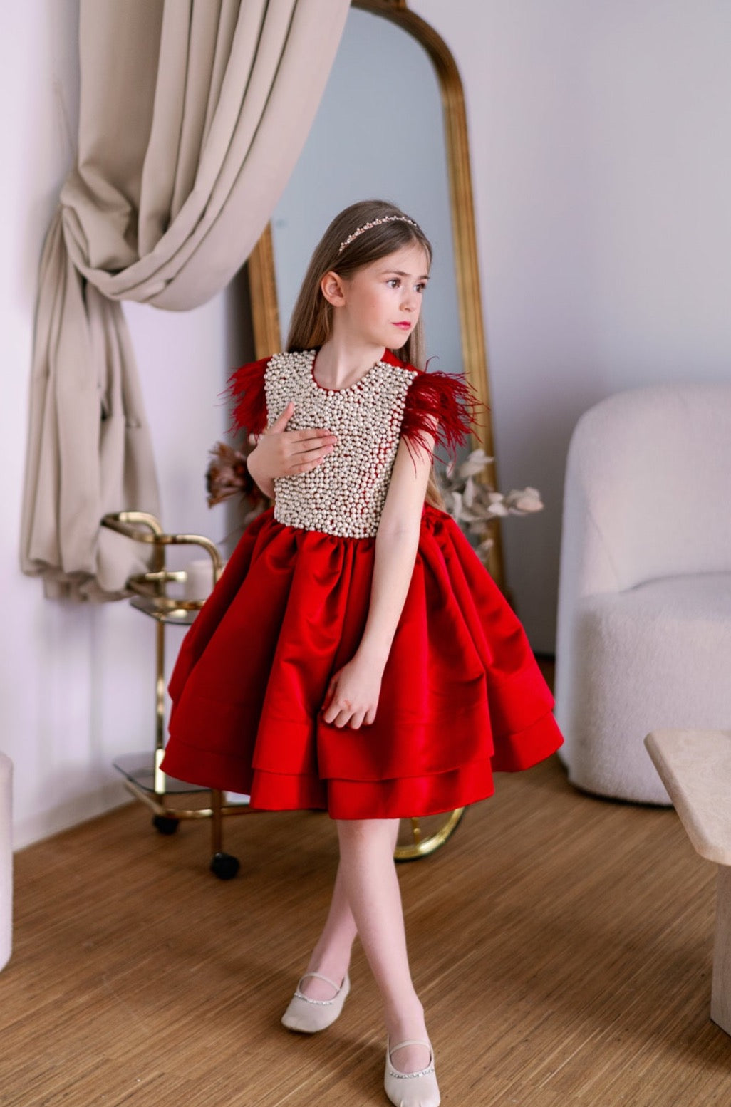Red satin girls dress with pearl and feather appliqu s L ANIS