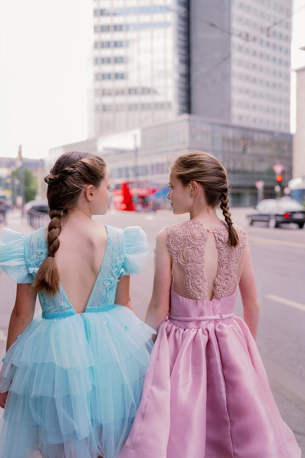 Knee-length girls' tulle dress in a beautiful aquamarine color, with a multi-layer tulle skirt, open back, floral embroidery, and ruffled tulle sleeves. Handmade with love. For special occasions: Wedding, Birthday party, Prom, Flower girl, Eid, and other events.