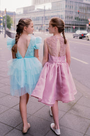 Knee-length girls' tulle dress in a beautiful aquamarine color, with a multi-layer tulle skirt, open back, floral embroidery, and ruffled tulle sleeves. Handmade with love. For special occasions: Wedding, Birthday party, Prom, Flower girl, Eid, and other events.