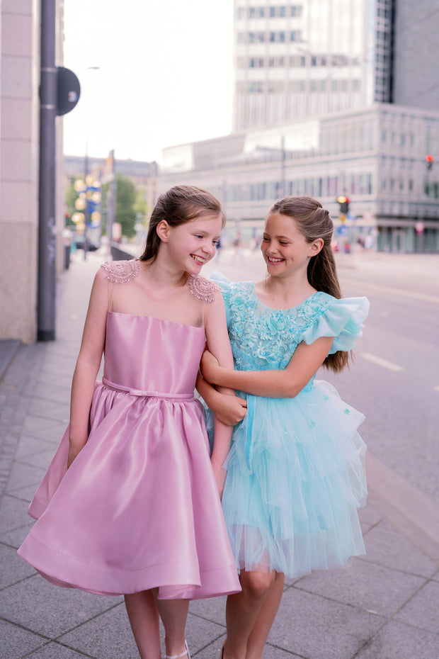 Knee-length girls' tulle dress in a beautiful aquamarine color, with a multi-layer tulle skirt, open back, floral embroidery, and ruffled tulle sleeves. Handmade with love. For special occasions: Wedding, Birthday party, Prom, Flower girl, Eid, and other events.