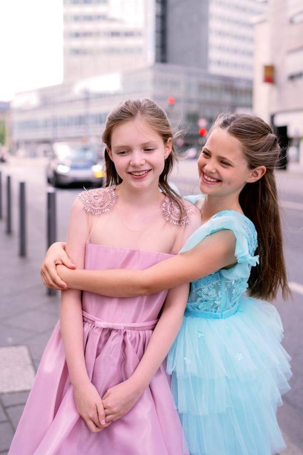 Knee-length girls' tulle dress in a beautiful aquamarine color, with a multi-layer tulle skirt, open back, floral embroidery, and ruffled tulle sleeves. Handmade with love. For special occasions: Wedding, Birthday party, Prom, Flower girl, Eid, and other events.