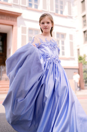 Long, dusty blue princess ball gown with a long, voluminous satin skirt, satin top with short sleeves, 3D floral embroidery and mesh details. Handmade with love. Occasions: Wedding, Birthday party, Prom, Flower girl, Eid, and other events.