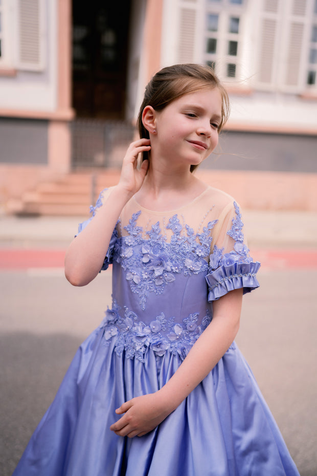 Long, dusty blue princess ball gown with a long, voluminous satin skirt, satin top with short sleeves, 3D floral embroidery and mesh details. Handmade with love. Occasions: Wedding, Birthday party, Prom, Flower girl, Eid, and other events.