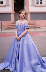 Long, dusty blue princess ball gown with a long, voluminous satin skirt, satin top with short sleeves, 3D floral embroidery and mesh details. Handmade with love. Occasions: Wedding, Birthday party, Prom, Flower girl, Eid, and other events.