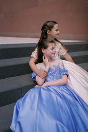 Long, dusty blue princess ball gown with a long, voluminous satin skirt, satin top with short sleeves, 3D floral embroidery and mesh details. Handmade with love. Occasions: Wedding, Birthday party, Prom, Flower girl, Eid, and other events.