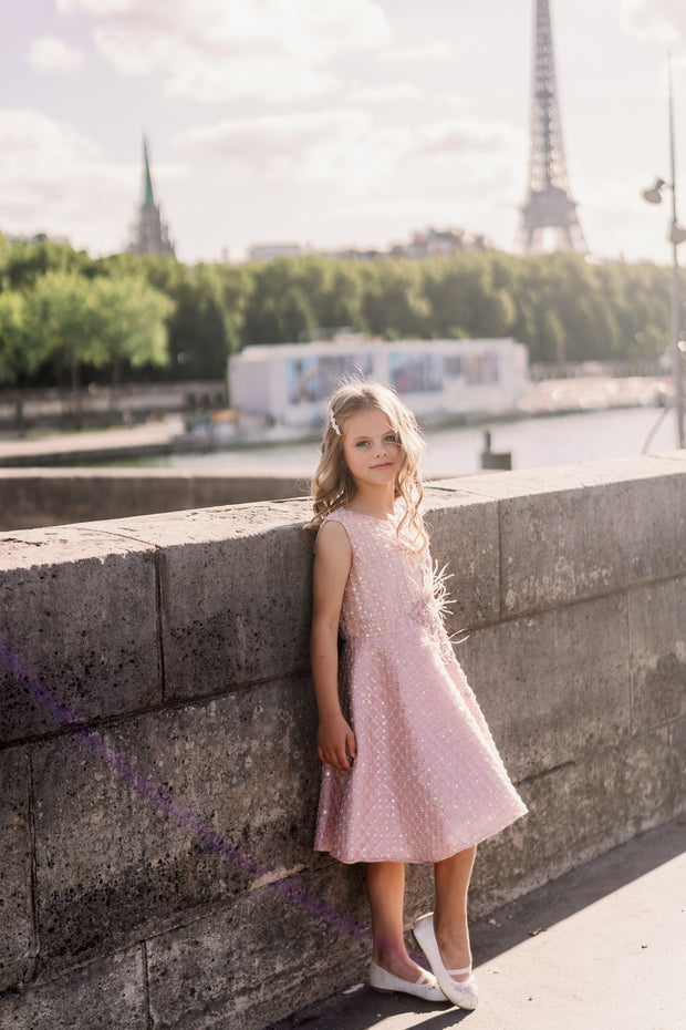 Knee-length girls' dress with an a-line skirt, 3d embroidery, and pearl and feather details. Handmade with love. For special occasions: Wedding, Birthday party, Prom, Flower girl, Eid, and other events.