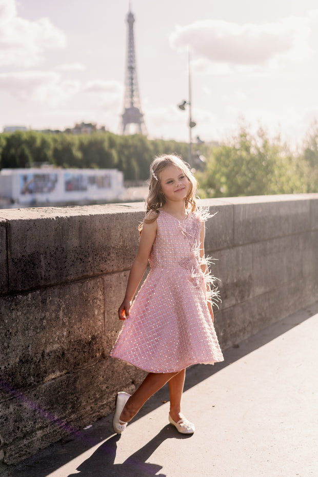 Knee-length girls' dress with an a-line skirt, 3d embroidery, and pearl and feather details. Handmade with love. For special occasions: Wedding, Birthday party, Prom, Flower girl, Eid, and other events.