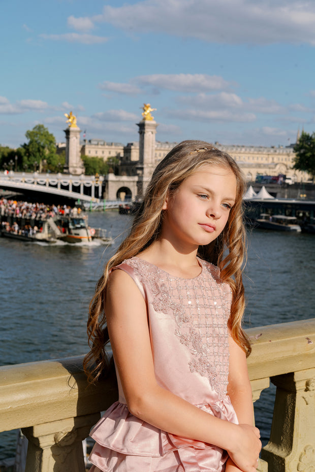 Girls' elegant satin dress in dusty pink with ruffled knee-length skirt and embroidered top with pearls. Handmade with love. For special occasions: Wedding, Birthday party, Prom, Flower girl, Eid, and other events.