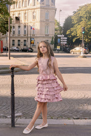Girls' elegant satin dress in dusty pink with ruffled knee-length skirt and embroidered top with pearls. Handmade with love. For special occasions: Wedding, Birthday party, Prom, Flower girl, Eid, and other events.