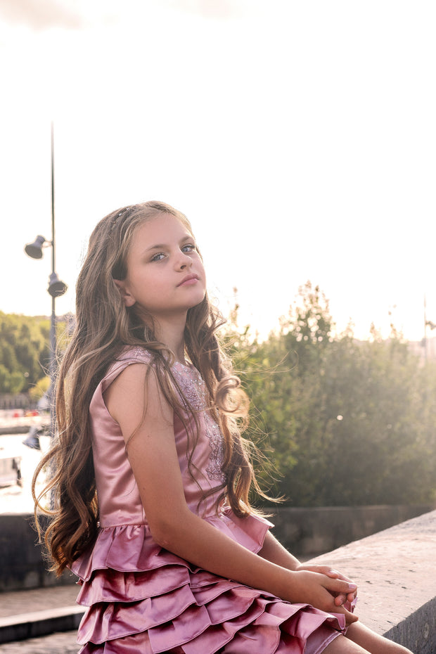 Girls' elegant satin dress in dusty pink with ruffled knee-length skirt and embroidered top with pearls. Handmade with love. For special occasions: Wedding, Birthday party, Prom, Flower girl, Eid, and other events.