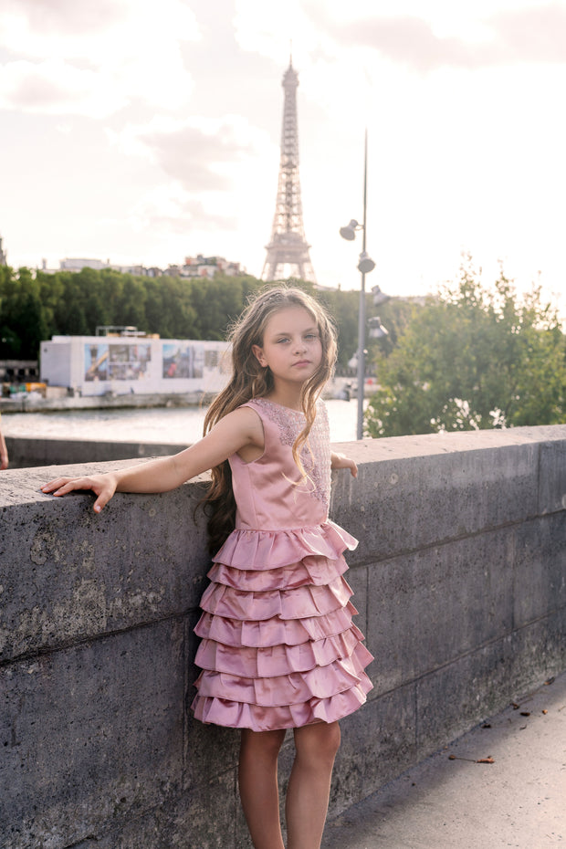 Girls' elegant satin dress in dusty pink with ruffled knee-length skirt and embroidered top with pearls. Handmade with love. For special occasions: Wedding, Birthday party, Prom, Flower girl, Eid, and other events.