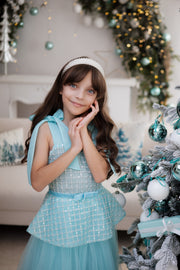 Festive aquamarine tulle girls' dress with peplum top