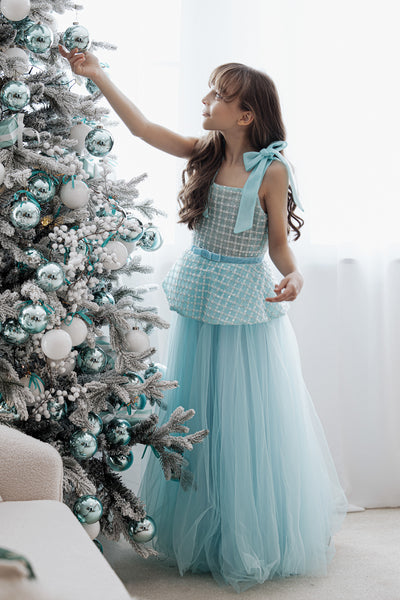 Festive aquamarine tulle girls' dress with peplum top