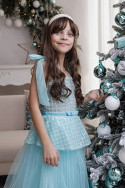 Festive aquamarine tulle girls' dress with peplum top