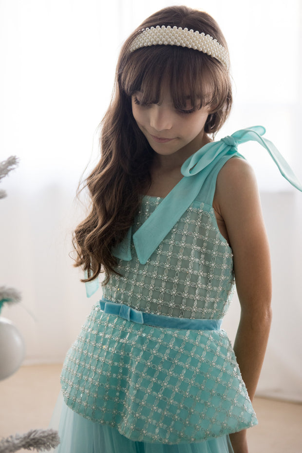 Festive aquamarine tulle girls' dress with peplum top