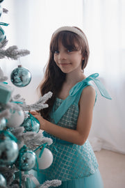 Festive aquamarine tulle girls' dress with peplum top