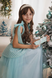 Festive aquamarine tulle girls' dress with peplum top