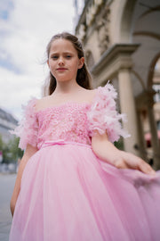 Elegant girls' tulle dress in pink for any special occasion. Light tulle skirt with a high-low hemline, top with floral lace and beautiful feather sleeves. Handmade with love. Occasions: Wedding, Birthday party, Prom, Flower girl, Eid, and other events.