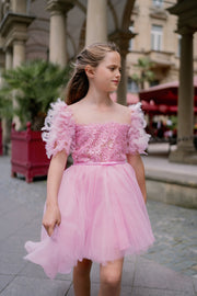 Elegant girls' tulle dress in pink for any special occasion. Light tulle skirt with a high-low hemline, top with floral lace and beautiful feather sleeves. Handmade with love. Occasions: Wedding, Birthday party, Prom, Flower girl, Eid, and other events.