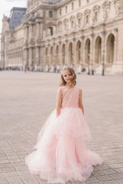 Long, princess dress with a voluminous tulle skirt, and embroiderd top in a beautiful peach colour. For special occasions: Wedding, Birthday party, Prom, Flower girl, Eid, and other events.