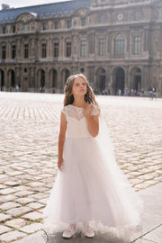 Long, white tulle dress with an a-line skirt, satin top with lace details and long tulle cape. Handmade with love. For special occasions: Wedding, Birthday party, Prom, Flower girl, First Communion, Eid, and other events.