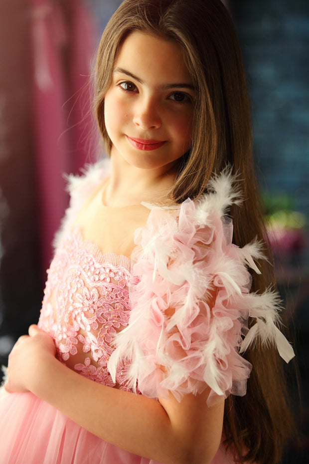 Elegant girls' tulle dress in pink for any special occasion. Light tulle skirt with an asymmetrical, high-low hemline, top with floral lace and beautiful feather sleeves. Handmade with love. Occasions: Wedding, Birthday party, Prom, Flower girl, Eid, Christmas, New Year's Eve, and other events.