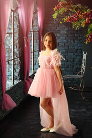 Elegant girls' tulle dress in pink for any special occasion. Light tulle skirt with an asymmetrical, high-low hemline, top with floral lace and beautiful feather sleeves. Handmade with love. Occasions: Wedding, Birthday party, Prom, Flower girl, Eid, Christmas, New Year's Eve, and other events.