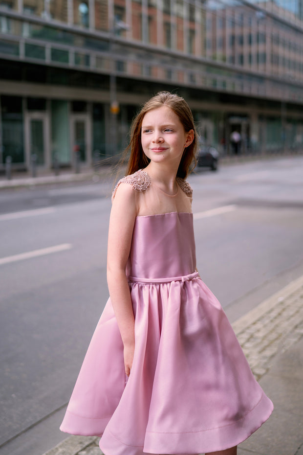 Satin a-line girls' dress in dusty pink with lace details