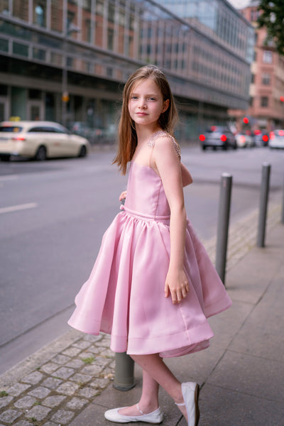 Satin a-line girls' dress in dusty pink with lace details