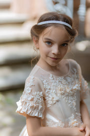 Long, princess ball gown in a soft vanilla-creme color, with a long, voluminous satin skirt, satin top with short sleeves, 3D floral embroidery and mesh details. Handmade with love. Occasions: Wedding, Birthday party, Prom, Flower girl, Eid, and other events.