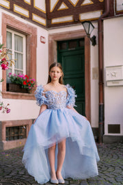 Girl princess dress in light blue for any special occasion. Light tulle skirt with a high-low hemline, top with floral appliqués and beautiful feather sleeves. Girl dress for special occasions: flower girls, weddings, girl birthday party, Eid.