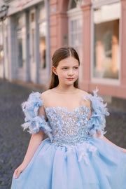 Girl princess dress in light blue for any special occasion. Light tulle skirt with a high-low hemline, top with floral appliqués and beautiful feather sleeves. Girl dress for special occasions: flower girls, weddings, girl birthday party, Eid.