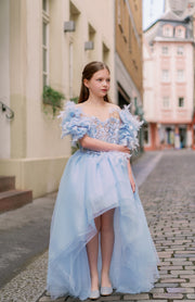 Girl princess dress in light blue for any special occasion. Light tulle skirt with a high-low hemline, top with floral appliqués and beautiful feather sleeves. Girl dress for special occasions: flower girls, weddings, girl birthday party, Eid.