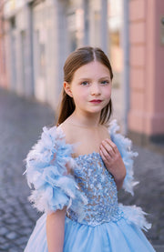 Girl princess dress in light blue for any special occasion. Light tulle skirt with a high-low hemline, top with floral appliqués and beautiful feather sleeves. Girl dress for special occasions: flower girls, weddings, girl birthday party, Eid.