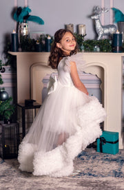 Festive, white, asymmetrical girl dress with a voluminous, ruffle tulle skirt, feather details and pearl embellished top. Occasions: Christmas, New Year's Eve, Wedding, Birthday party, Flower girl, Communion, Eid and other events.