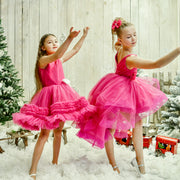 Festive bright pink girl dress with high-low hem, long tulle train and floral embroidery. The dress is for holiday season, Christmas, New Year, weddings, Eid, birthdays, parties, flower girls and other special formal events and occasions.