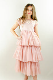 Ankle-length princess dress in a baby pink color with multi-layered tulle skirt, transparent ruffled sleeves and floral embroidery on the front and back satin bodice. Girl dress for special occasions: flower girls, weddings, birthday party, communion, Eid.