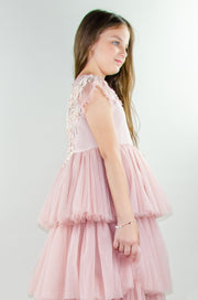 Ankle-length princess dress in a baby pink color with multi-layered tulle skirt, transparent ruffled sleeves and floral embroidery on the front and back satin bodice. Girl dress for special occasions: flower girls, weddings, birthday party, communion, Eid.