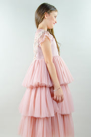 Ankle-length princess dress in a baby pink color with multi-layered tulle skirt, transparent ruffled sleeves and floral embroidery on the front and back satin bodice. Girl dress for special occasions: flower girls, weddings, birthday party, communion, Eid.