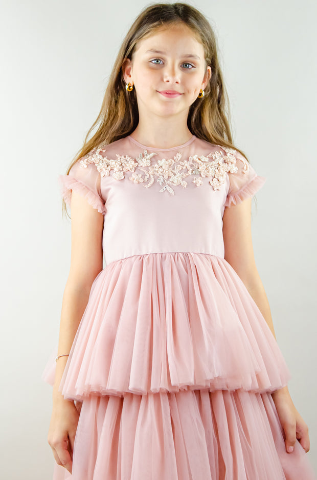 Ankle-length princess dress in a baby pink color with multi-layered tulle skirt, transparent ruffled sleeves and floral embroidery on the front and back satin bodice. Girl dress for special occasions: flower girls, weddings, birthday party, communion, Eid.