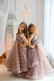 handmade long princess tulle girl dress in dark purple with a multi-layered tulle skirt and top embroidered with flowers, for flower girls, birthdays, wedding guest