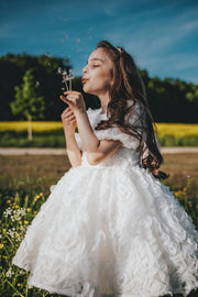 Knee-length white tulle flower girl dress with short sleeves and all-over 3D flower embroidery, for special occasions: Wedding, Birthday party, Prom, Flower girl, Eid, and other events. 