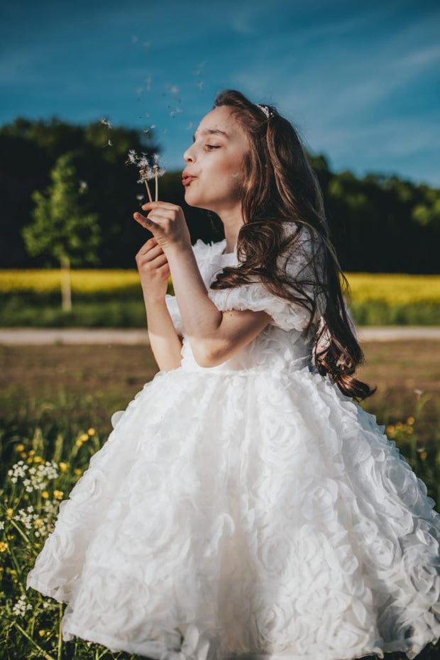 Knee-length white tulle flower girl dress with short sleeves and all-over 3D flower embroidery