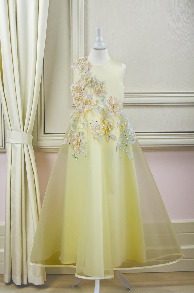 handmade long yellow A-line flower girl dress with a long tulle skirt and hand-embroidered top with flowers, pearls and rhinestones.