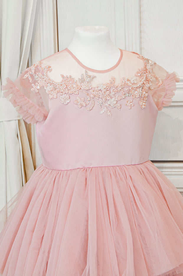 Ankle-length princess dress in a baby pink color with multi-layered tulle skirt, transparent ruffled sleeves and floral embroidery on the front and back satin bodice. Girl dress for special occasions: flower girls, weddings, birthday party, communion, Eid.