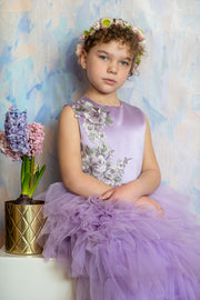 handmade, bright purple flower girl dress with multi-layer tulle skirt and floral embroidery