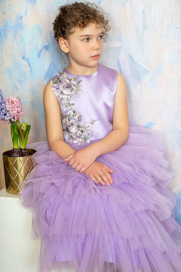 handmade, bright purple flower girl dress with multi-layer tulle skirt and floral embroidery